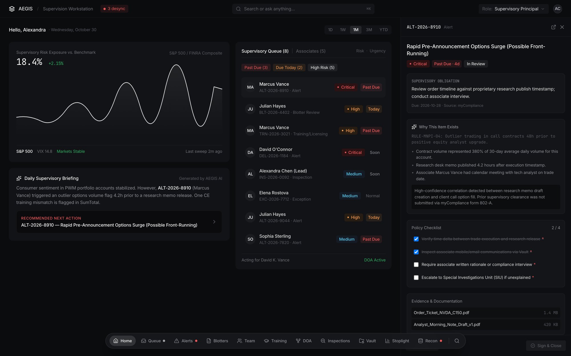 Aegis home: AI briefing, priority queue and inspector
